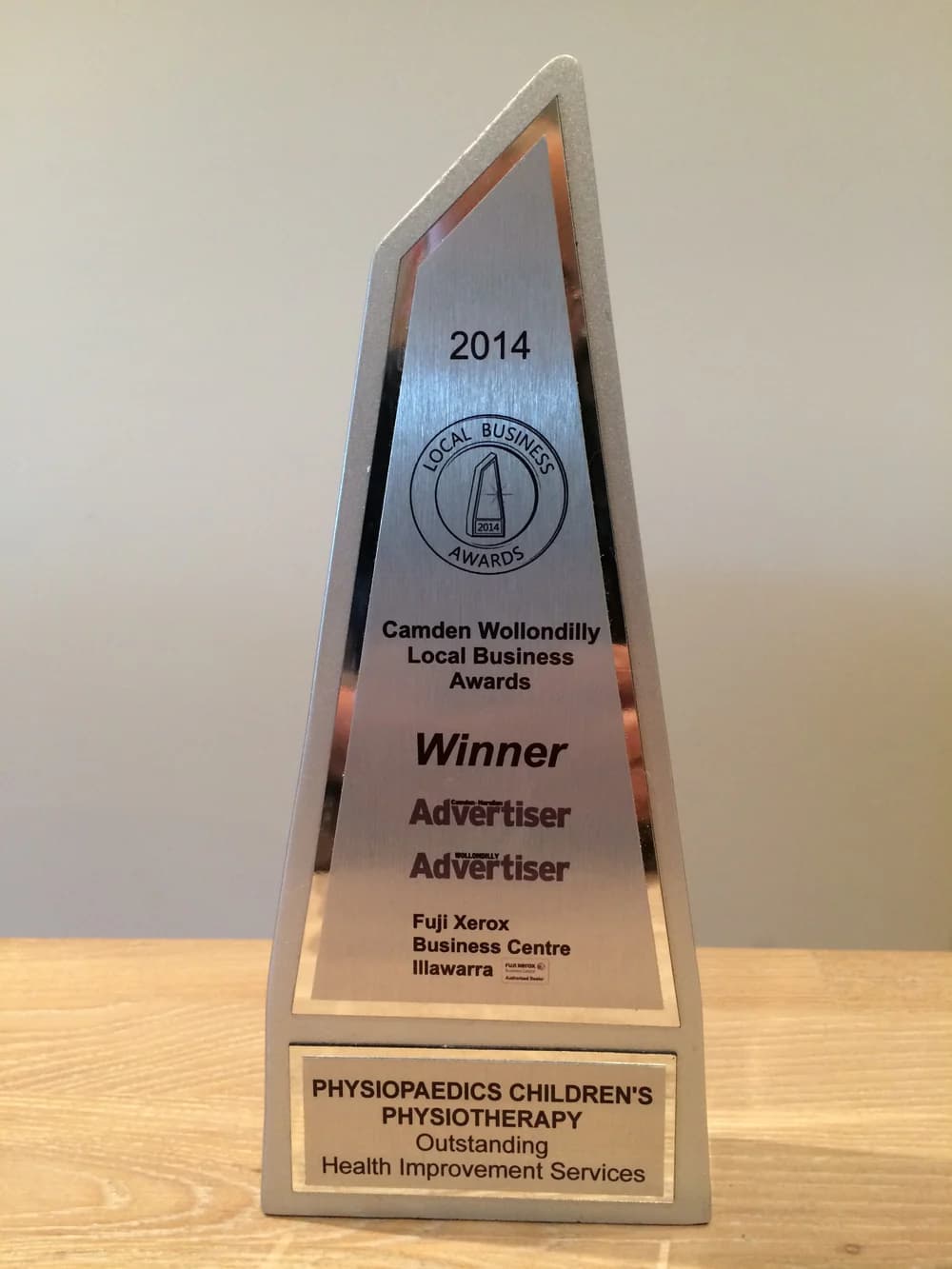 The 2014 Camden Wollondilly Local Business Awards winner's trophy